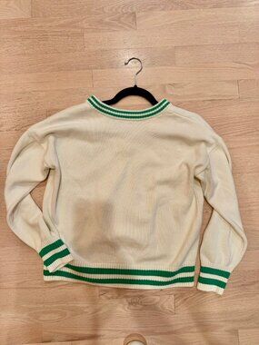 Lands' End Drifter Tennis Sweater Cream V-Neck Green Stripe Embroidered Rackets